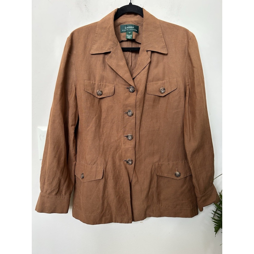 VTG Lauren Ralph Lauren Silk Linen Safari Jacket Sz 10 Tan Utility Cabincore